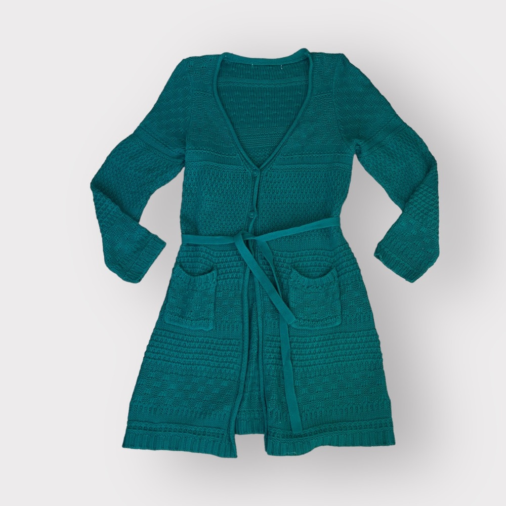 Teal Knit Longline Pocket Belted Cardigan - Casual Chic, Textured Knit
